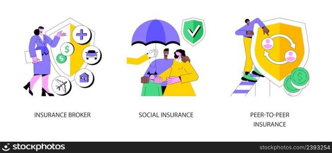 Risk insurance abstract concept vector illustration set. Insurance broker, social and peer-to-peer paid benefit, emergency risk, unemployment and income loss, pension trust fund abstract metaphor.. Risk insurance abstract concept vector illustrations.