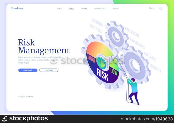 Risk management banner. Concept of analysis business process, finance assessment, minimize crisis and reduce problems. Vector landing page with isometric man and risk meter on gears. Vector banner of risk management in business