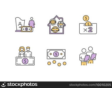 Risk management RGB color icons set. Burial insurance. Money savings. Personal finance, investment. Ensuring accounting operations. Personal funds. Financial security. Isolated vector illustrations. Risk management RGB color icons set