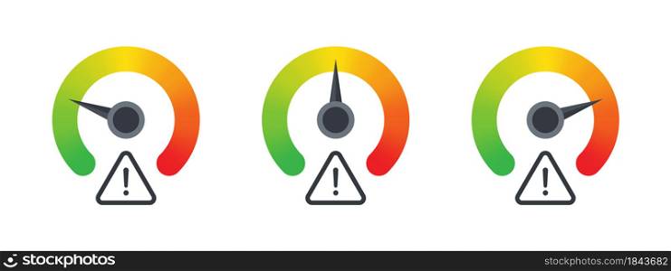 Risk meter. Risk icons. Meter signs concept. High risk concept on speedometer. Vector illustration