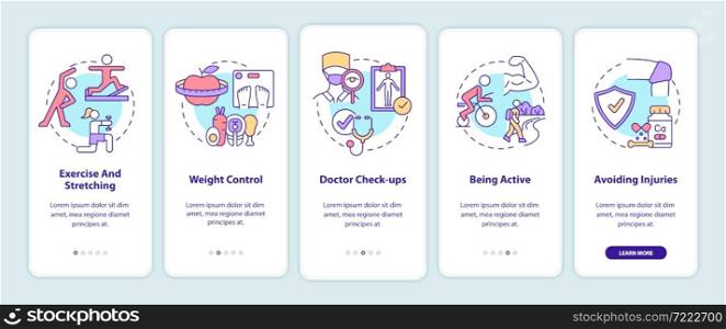 Risk of arthritis reduction onboarding mobile app page screen. Prevent disorder walkthrough 5 steps graphic instructions with concepts. UI, UX, GUI vector template with linear color illustrations. Risk of arthritis reduction onboarding mobile app page screen