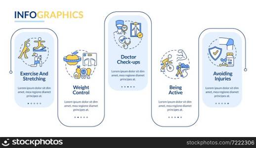 Risk of arthritis reduction vector infographic template. Presentation outline design elements. Data visualization with 5 steps. Process timeline info chart. Workflow layout with line icons. Risk of arthritis reduction vector infographic template