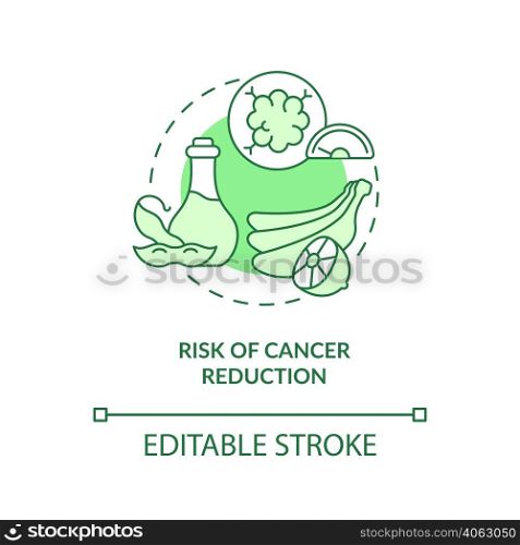Risk of cancer reduction green concept icon. Disease prevention. Veganism and illness abstract idea thin line illustration. Isolated outline drawing. Editable stroke. Arial, Myriad Pro-Bold fonts used. Risk of cancer reduction green concept icon