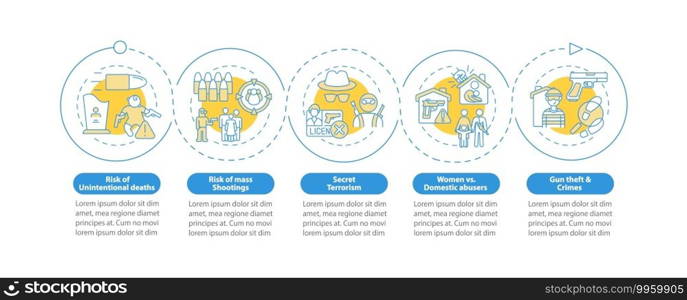 Risk of gun violence vector infographic template. Theft and crimes presentation design elements. Data visualization with 5 steps. Process timeline chart. Workflow layout with linear icons. Risk of gun violence vector infographic template