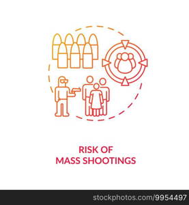 Risk of mass shooting red gradient concept icon. Terrorist with firearm. Life threat. Public assault. Gun violence idea thin line illustration. Vector isolated outline RGB color drawing. Risk of mass shooting red gradient concept icon