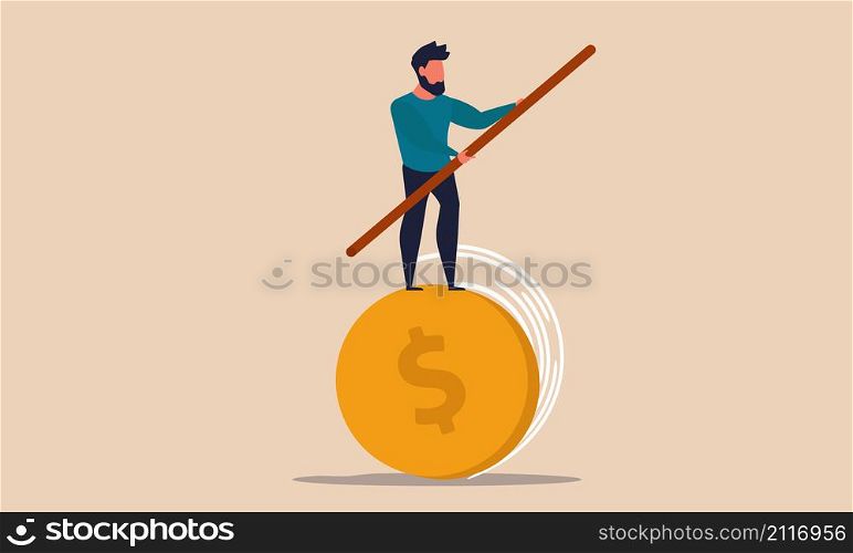 Risk stability and money control in business trade. Man balancing on a coin vector illustration. Financial investment risk bank and analyst failure balance. Finance inflation competition and loss loan