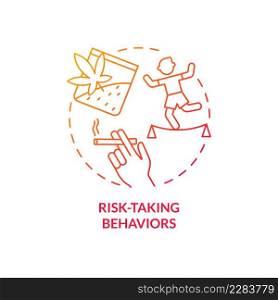 Risk-taking behaviors red gradient concept icon. Teenager mental disorder abstract idea thin line illustration. Impulsivity and thrill seeking. Isolated outline drawing. Myriad Pro-Bold font used. Risk-taking behaviors red gradient concept icon