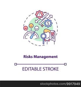 Risks management concept icon. Asset management benefit idea thin line illustration. Risks identification, evaluation and prioritization. Vector isolated outline RGB color drawing. Editable stroke. Risks management concept icon