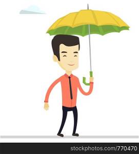 Risky business man walking across a tightrope with umbrella. Risky business man balancing on a tightrope. Concept of risk in business. Vector flat design illustration isolated on white background.. Business man balancing on a tightrope.