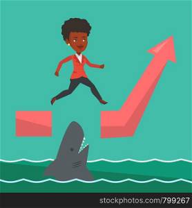 Risky business woman jumping over gap on ascending graph. An african-american risky business woman jumping over ocean with shark. Business risks concept. Vector flat design illustration. Square layout. Business woman jumping over ocean with shark.