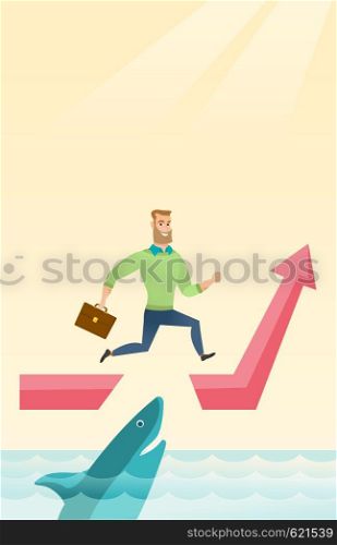 Risky businessman running on growth graph and jumping over gap. Businessman jumping over ocean with shark. Business growth and business risks concept. Vector flat design illustration. Vertical layout.. Business woman jumping over ocean with shark.
