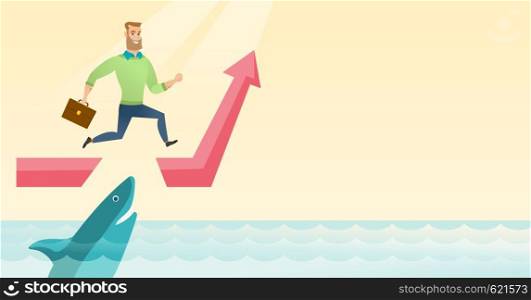 Risky businessman running on growth graph and jumping over gap. Businessman jumping over ocean with shark. Concept of business growth and risks. Vector flat design illustration. Horizontal layout.. Business woman jumping over ocean with shark.