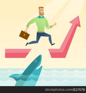 Risky businessman running on growth graph and jumping over gap. Businessman jumping over ocean with shark. Business growth and business risks concept. Vector flat design illustration. Square layout.. Business woman jumping over ocean with shark.