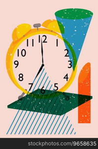 Risograph alarm clock wirh geometric shapes. Waking up early morning concept with objects in trendy riso graph design, print texture style.