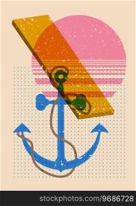 Risograph Anchor and geometric shapes. Nautical Object in trendy riso graph design, print texture style.