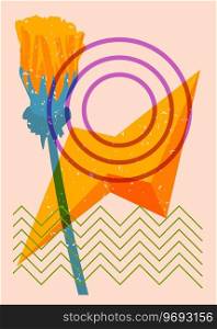 Risograph flower with geometric shapes. Botany object in trendy riso graph design with geometry elements.