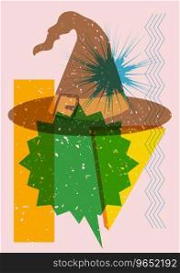 Risograph Halloween Witch s Hat with speech bubble and geometric shapes. Holiday in trendy riso graph design.