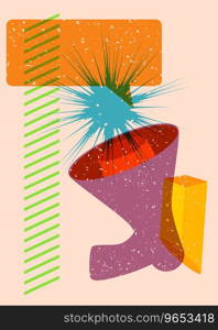 Risograph megaphone and speech bubble with geometric shapes. Object in trendy riso graph design with geometry elements.