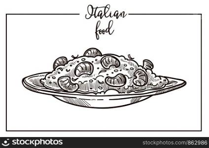 Risotto sketch icon for Italian food cuisine menu design. Vector sketch of Italy traditional risotto dish with gnocchi for restaurant or fast food cafe meals. Risotto sketch vector icon for Italian cuisine food menu design