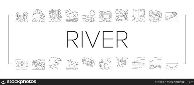 River And Lake Nature Landscape Icons Set Vector. River Mouth And Delta, Sea Shore And Pond In Forest, Aqueduct Construction And Dam. Waterfall And Water Reservoir Black Contour Illustrations. River And Lake Nature Landscape Icons Set Vector