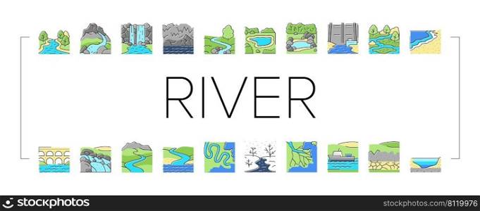 River And Lake Nature Landscape Icons Set Vector. River Mouth And Delta, Sea Shore And Pond In Forest, Aqueduct Construction And Dam. Waterfall And Water Reservoir Color Illustrations. River And Lake Nature Landscape Icons Set Vector