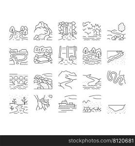 River And Lake Nature Landscape Icons Set Vector. River Mouth And Delta, Sea Shore And Pond In Forest, Aqueduct Construction And Dam. Waterfall And Water Reservoir Black Contour Illustrations. River And Lake Nature Landscape Icons Set Vector