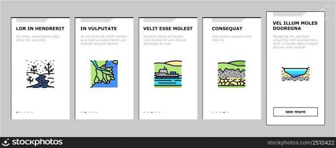 River And Lake Nature Landscape Onboarding Mobile App Page Screen Vector. River Mouth And Delta, Sea Shore And Pond In Forest, Aqueduct Construction Dam. Waterfall And Water Reservoir Illustrations. River And Lake Nature Landscape Onboarding Icons Set Vector
