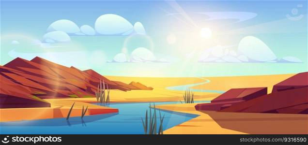 River flowing through Sahara desert. Vector cartoon illustration of hot sandy dunes landscape, stones on bank, green plants growing near water, sunlight flaring in air, blue sky with white clouds. River flowing through Sahara desert landscape