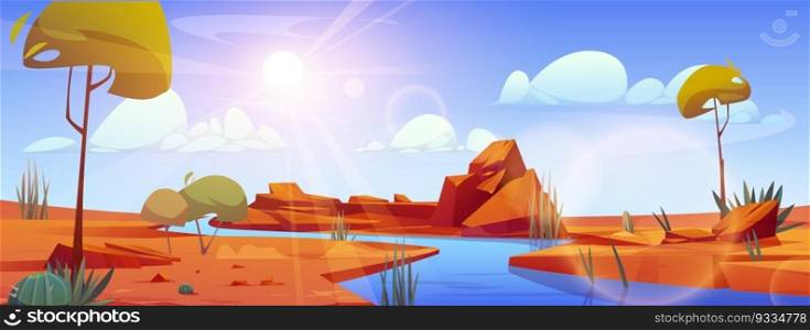 River flowing through Sahara desert. Vector cartoon illustration of sandy dunes landscape, stones on bank, green cacti plants growing near water, sunlight flaring in air, blue sky with white clouds. River flowing in desert landscape, oasis, hot sand
