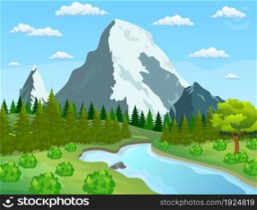 River flowing through the rocky hills. Summer landscape with mountains. River and the forest, nature landscape. vector illustration. River flowing through the rocky hills