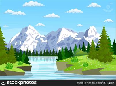 River flowing through the rocky hills. Summer landscape with mountains. River and the forest, nature landscape. vector illustration. River flowing through the rocky hills