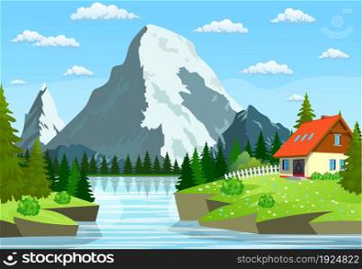 River flowing through the rocky hills. Summer landscape with mountains and house. River and the forest, nature landscape. vector illustration. River flowing through the rocky hills