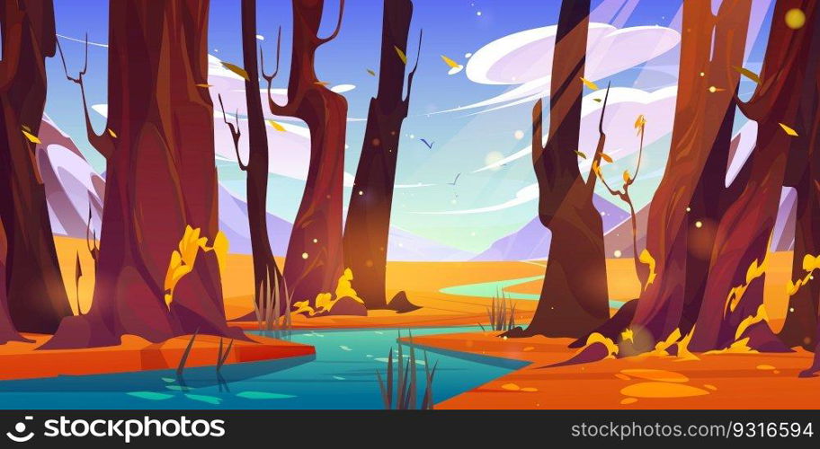 River in autumn forest and mountain nature vector cartoon landscape. Falling leaves from tree scene and beautiful stream near meadow. Orange grass and woods panoramic wilderness environment backdrop. River in autumn forest and mountain nature vector