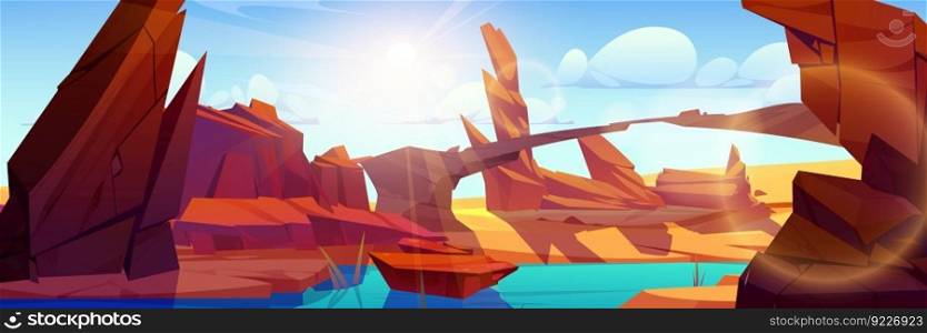 River in canyon desert cartoon vector landscape. Rock cliff terrain near water background illustration. Western ground valley in Arizona with brown rocky arc panoramic scene. California nature horizon. River in canyon desert cartoon vector landscape