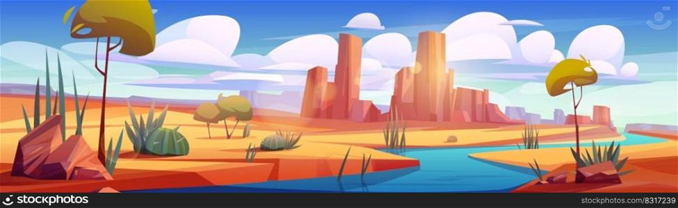 River in desert, beautiful oasis landscape with rocks, water stream, sand and plants under blue sky with clouds. Cartoon background for game, deserted nature, 2d panoramic scene, Vector illustration. River in desert, beautiful oasis landscape scene