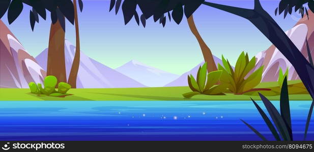 River in forest and mountain view landscape vector background. Summer green nature with lake water and sky beautiful cartoon illustration. Calm outdoor meadow panorama horizon with creek.. River in forest and mountain view landscape vector