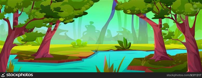 River in jungle forest vector tropical landscape background. Flowing stream water water cartoon nature illustration with green grass and wild amazon scenery. Rainforest game scene design in valley. River in jungle forest vector tropical background