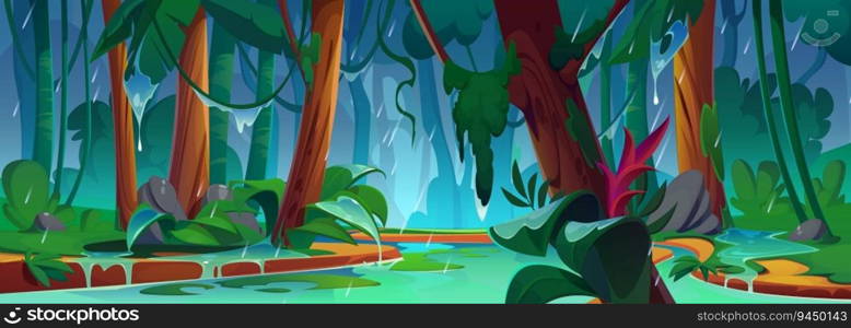 River in jungle rain forest vector background scene. Wet tropical nature scenery wallpaper with nobody. Amazon stream riverside park with plant, vine and shrubs backdrop. Rainy danger season outside. River in jungle rain forest vector background