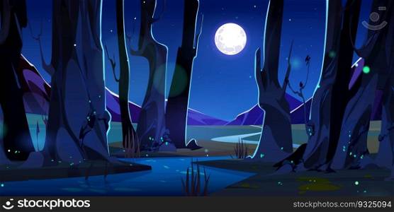 River in night forest, mountain nature vector cartoon landscape. Green grass under tree, moon light scene, beautiful flowing stream near meadow. Empty woods panoramic with flying glowworms, fireflies. River in night magic forest and mountain nature