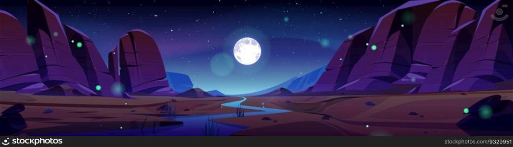River in rock canyon desert, cartoon night landscape background. Dry sand land and dark mountain in national utah park with boulder stone. Ancient cliff formation near water under full moon light. River in night rock canyon desert landscape