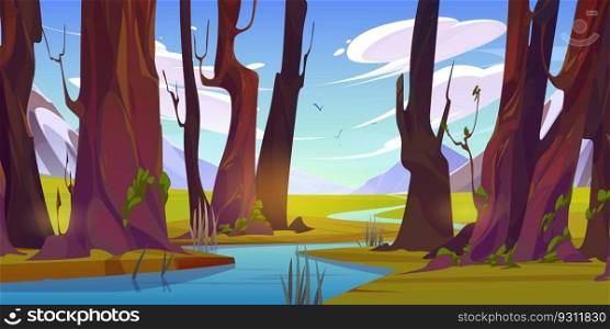 River in summer forest and mountain nature vector cartoon landscape. Green grass under tree scene and beautiful flowing stream near meadow. Empty wild woods panoramic wilderness environment backdrop. River in summer forest and mountain nature vector