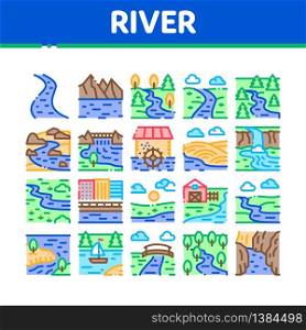 River Landscape Collection Icons Set Vector. River With Mountain And Forest, Bridge And City Buildings, Water Mill And Field Concept Linear Pictograms. Color Illustrations. River Landscape Collection Icons Set Vector