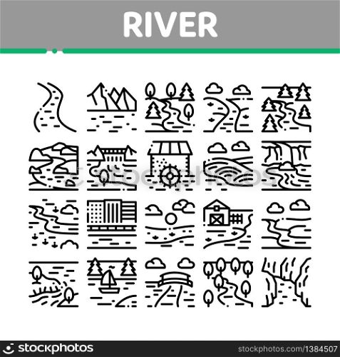 River Landscape Collection Icons Set Vector. River With Mountain And Forest, Bridge And City Buildings, Water Mill And Field Concept Linear Pictograms. Monochrome Contour Illustrations. River Landscape Collection Icons Set Vector