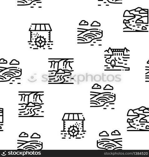 River Landscape Seamless Pattern Vector Thin Line. Illustrations. River Landscape Seamless Pattern Vector