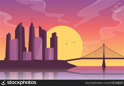 River Morning Sunrise Afternoon Sunset Bridge City Skyline Landmark Illustration