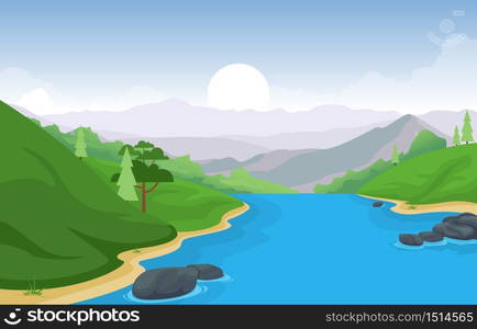 River Morning Sunrise Afternoon Sunset Mountain Forest Rural Landscape Illustration