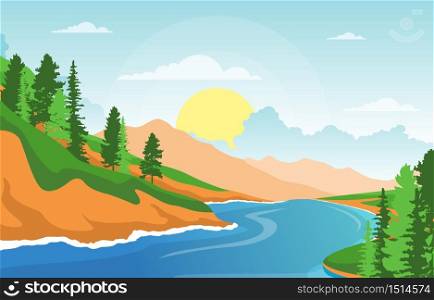 River Morning Sunrise Afternoon Sunset Mountain Forest Rural Landscape Illustration
