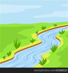 River. Natural landscape. Blue pond with water. Place for recreation and fishing. Summer season and green grass. Flat cartoon illustration. River. Natural landscape. Blue pond with water