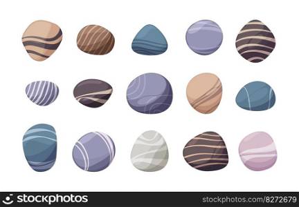 River stones. Colorful rounded pebbles in various colors and shapes for for decoration or landscaping, smooth under the sea stone set. Vector collection. Natural underwater solid rubble. River stones. Colorful rounded pebbles in various colors and shapes for for decoration or landscaping, smooth under the sea stone set. Vector collection