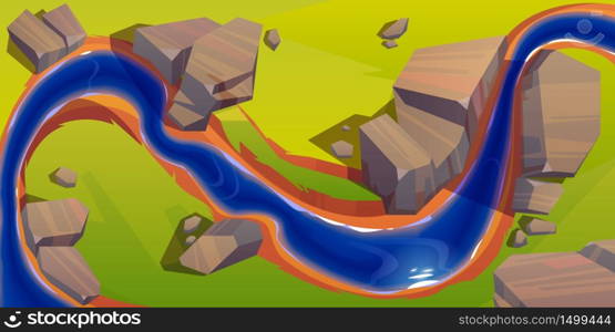 River top view, cartoon curve riverbed with dark blue water, reflection, rocks on coastline and green grass. Summer landscape, beautiful valley, scenic picturesque natural stream, vector illustration. River top view, curve riverbed with blue water